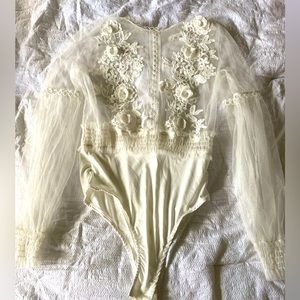 Vera + Lucy White Mesh Floral Embroidered Bodysuit